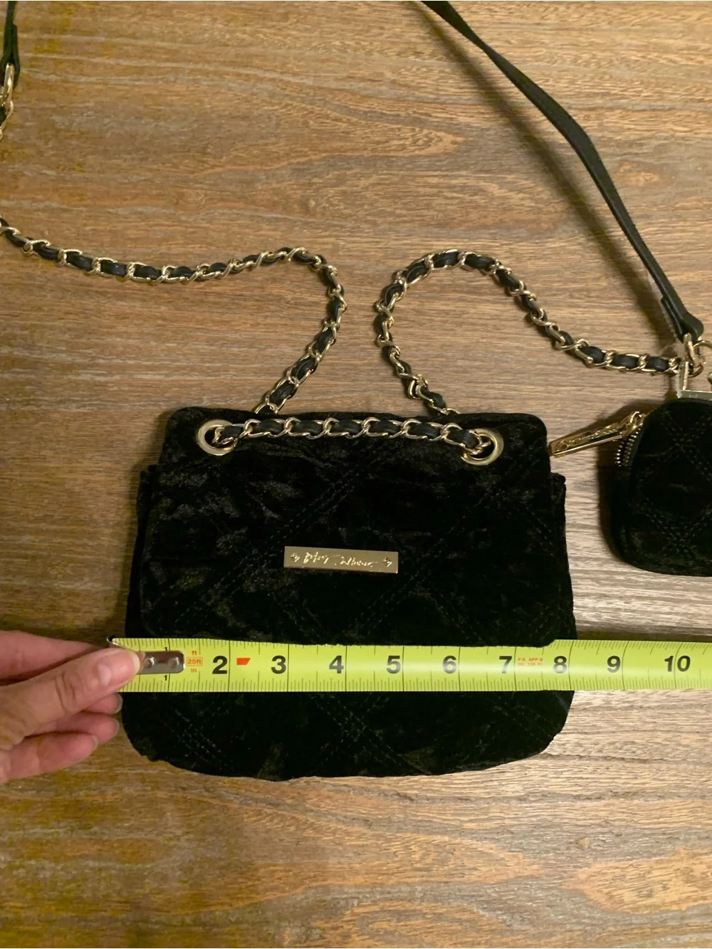 Betsey Johnson Black Quilted Velvet Crossbody with Coin Pouch and Gold Chain